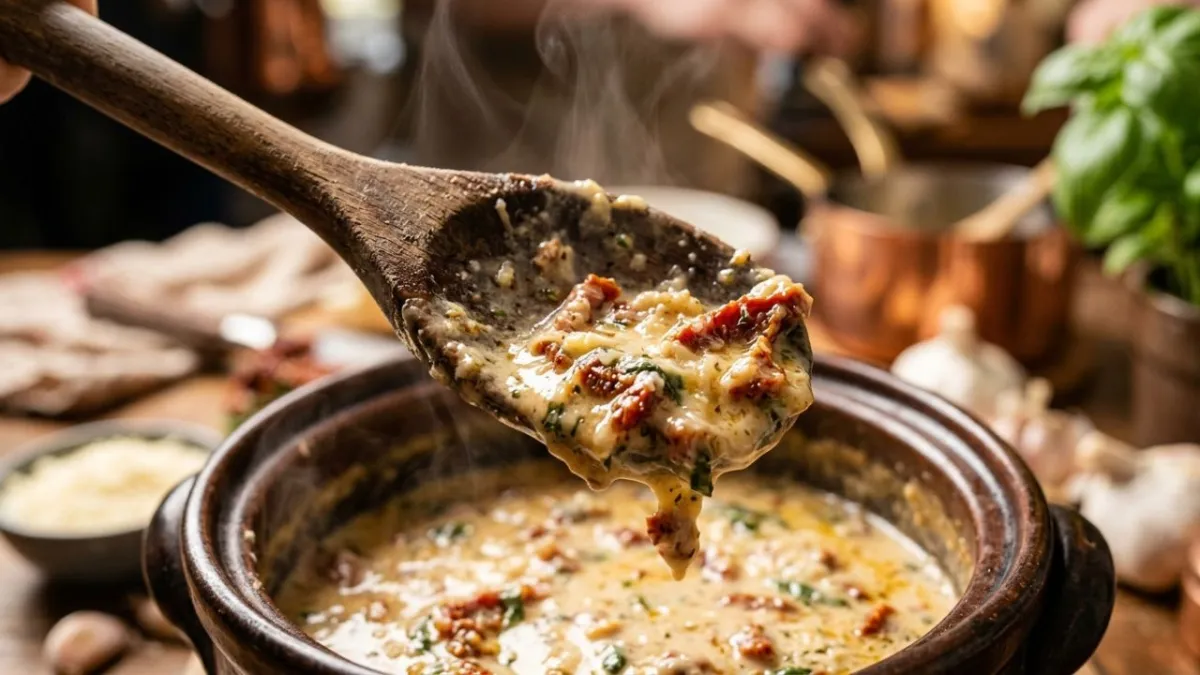 Spoon lifting creamy garlic parmesan sauce with sun-dried tomatoes