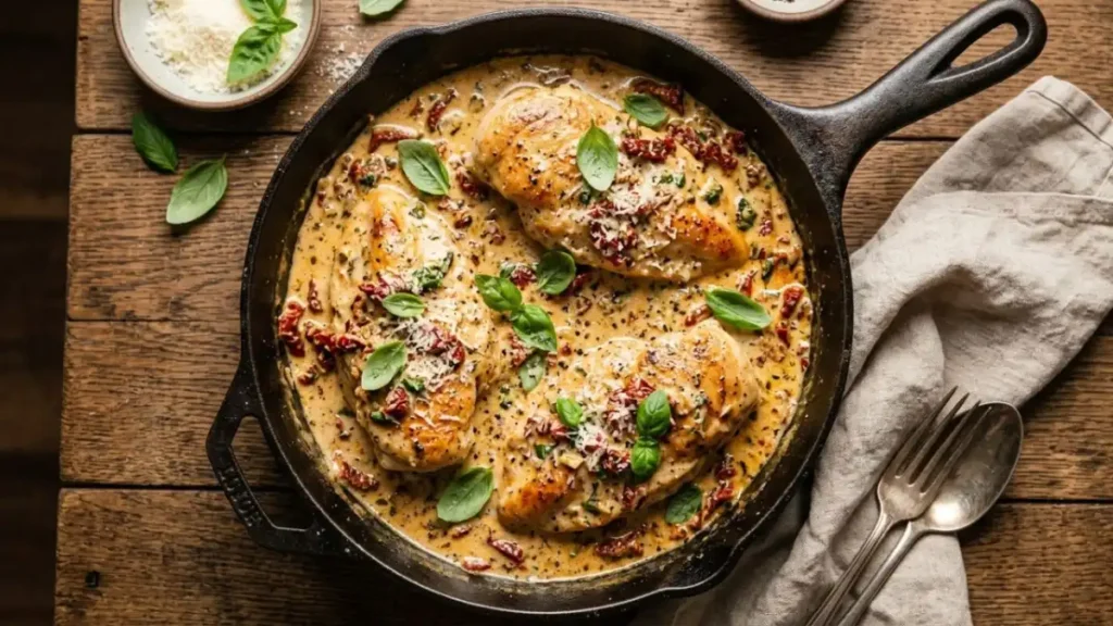 Creamy Marry Me Chicken in a skillet with sun-dried tomatoes and basil