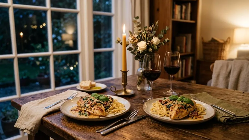 Two plates of Marry Me Chicken set on a cozy dinner table