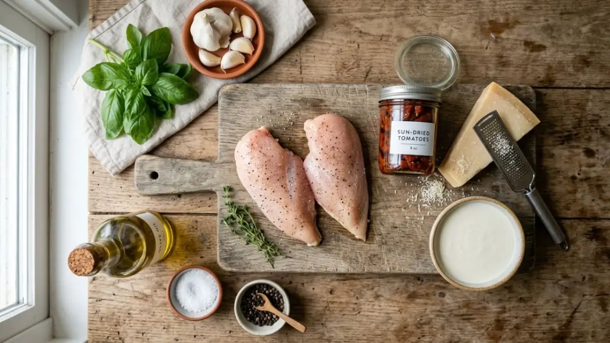 Raw ingredients for Marry Me Chicken including chicken breast, parmesan, and sun-dried tomatoes
