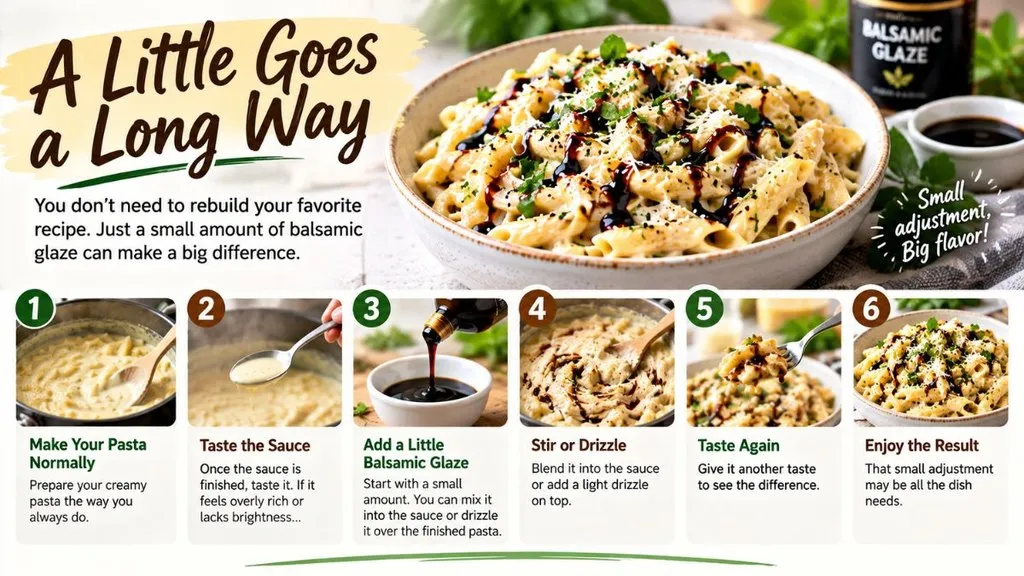 Creamy pasta being finished with a small amount of balsamic glaze.
