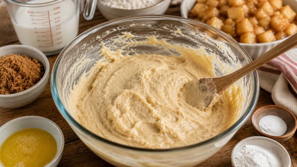 Thick homemade batter prepared for apple spoon cake