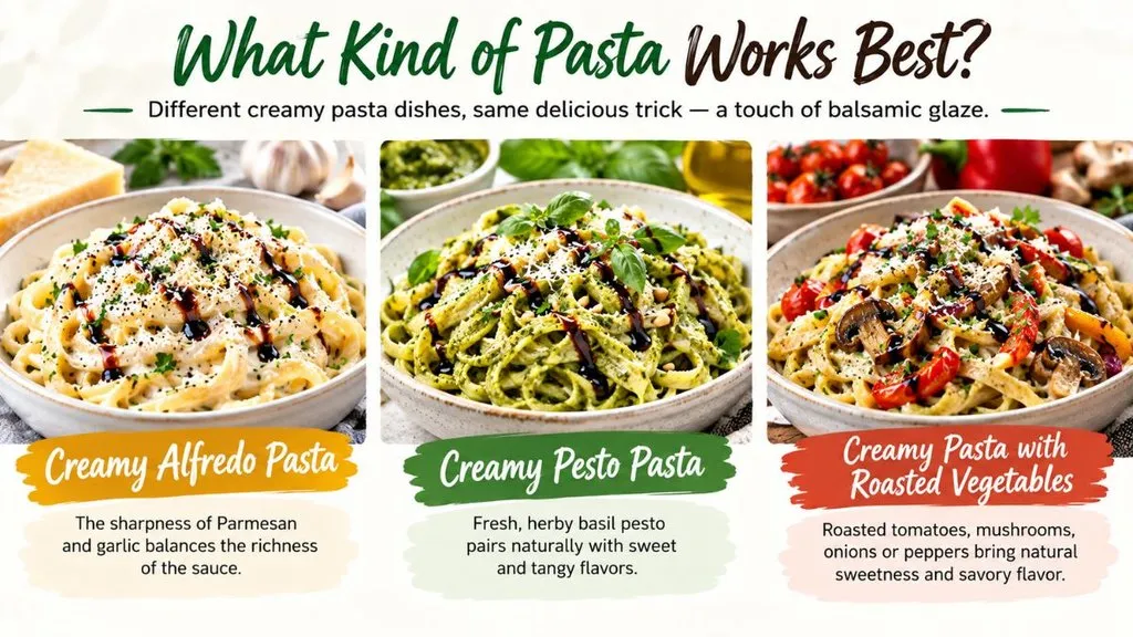 Alfredo, pesto and roasted vegetable pasta with balsamic glaze.