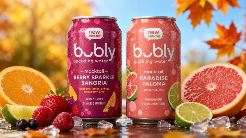 New Bubly Berry Sparkle Sangria and Paradise Paloma sparkling water cans