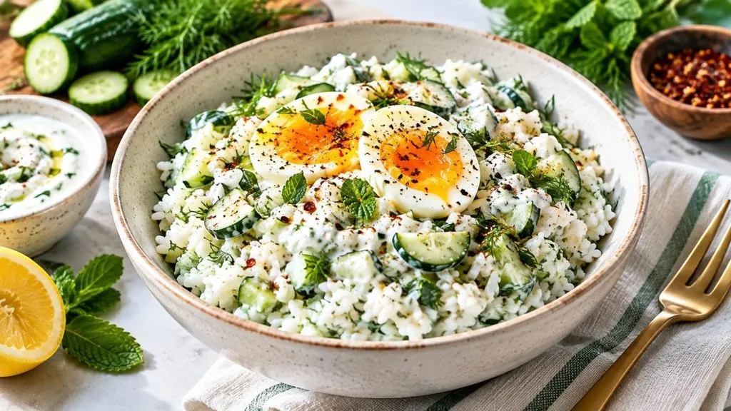 Creamy cucumber rice topped with a soft-boiled egg and fresh herbs