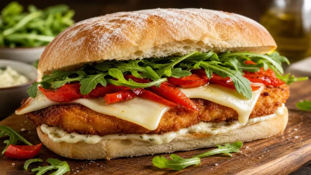 Crispy chicken cutlet sandwich with provolone and roasted peppers