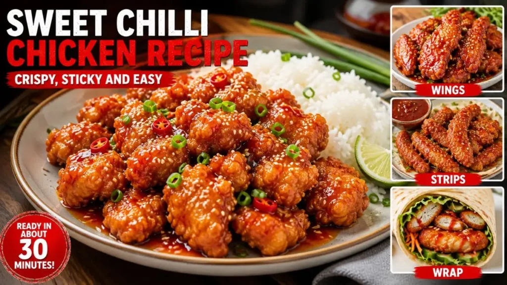Crispy sweet chilli chicken with rice, wings, strips and wrap