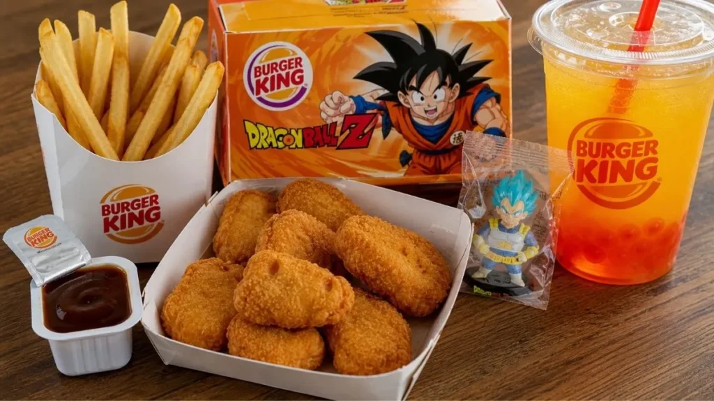 Dragon Ball meal with nuggets, fries, sauce, and drink