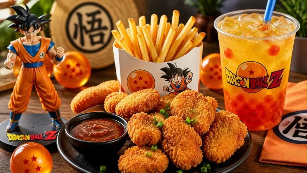 Dragon Ball Burger King meal with nuggets, fries, sauce, and mango peach drink