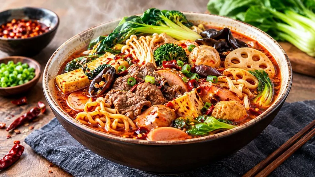 Spicy homemade malatang with noodles, vegetables, and savory broth