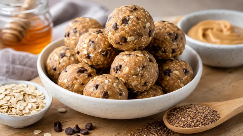 Peanut butter protein balls with oats and chocolate chips.