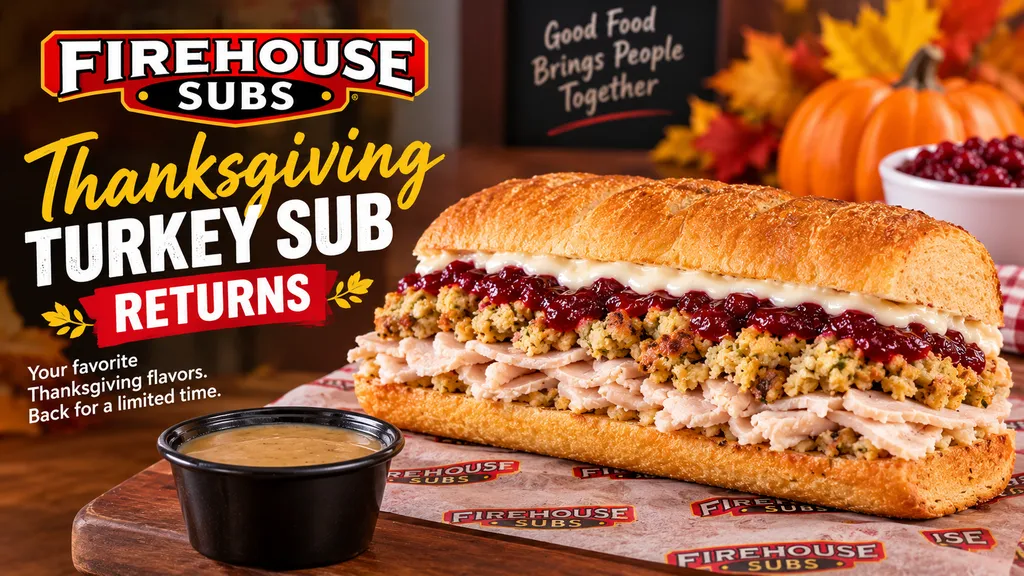 The seasonal sandwich combines carved turkey, stuffing, cranberry sauce and mayonnaise on a toasted sub roll, with gravy on the side.