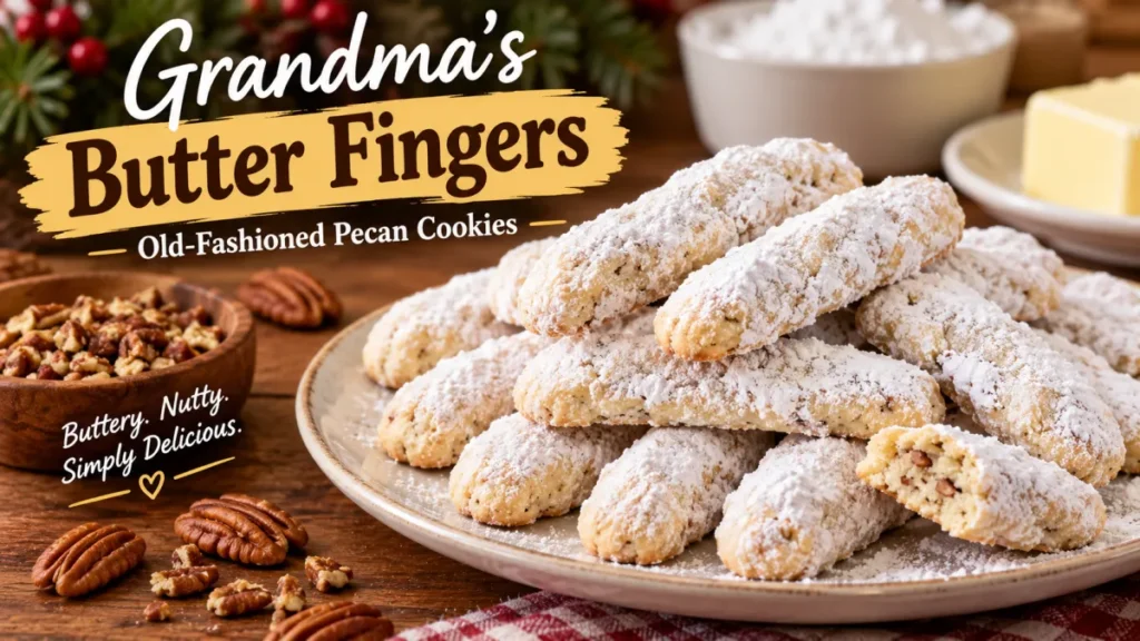 Buttery pecan finger cookies coated in powdered sugar for a classic old-fashioned holiday treat.