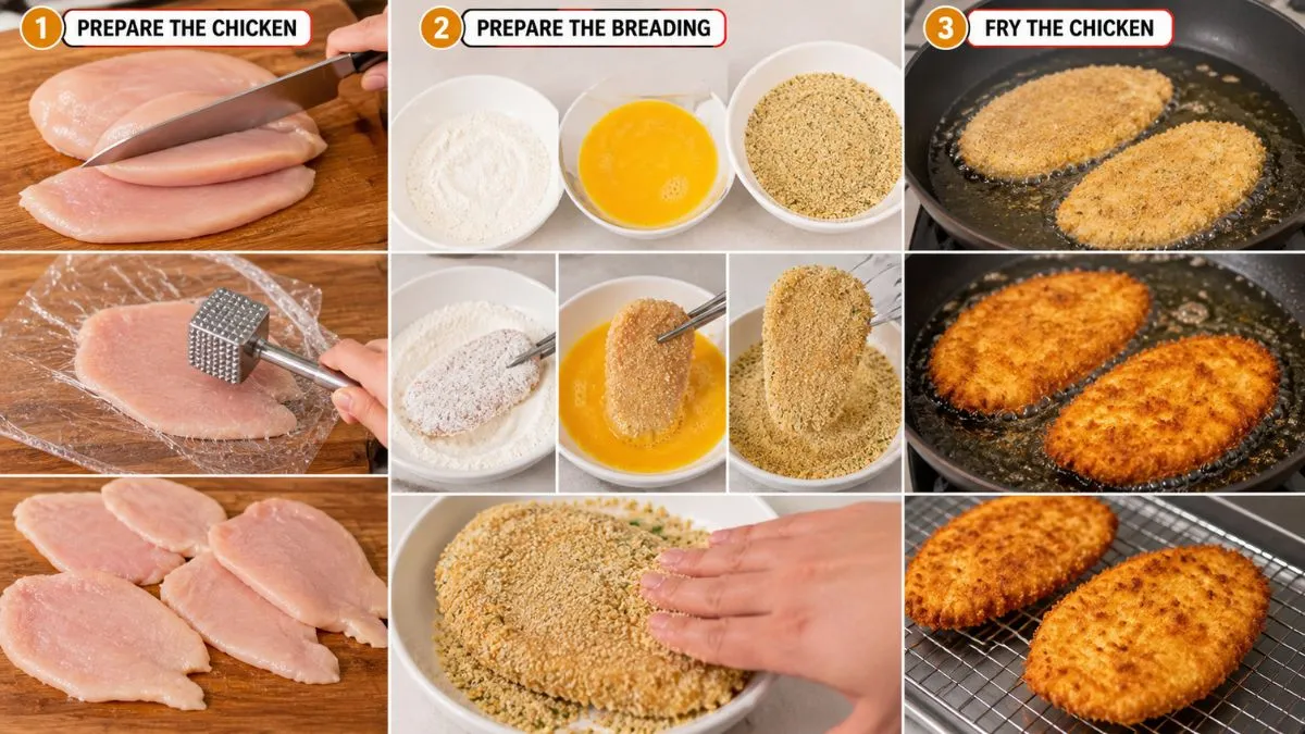 Steps for preparing breading and frying chicken cutlets