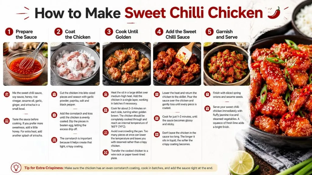 Crispy chicken coated in homemade sweet chilli sauce and finished with fresh garnishes.