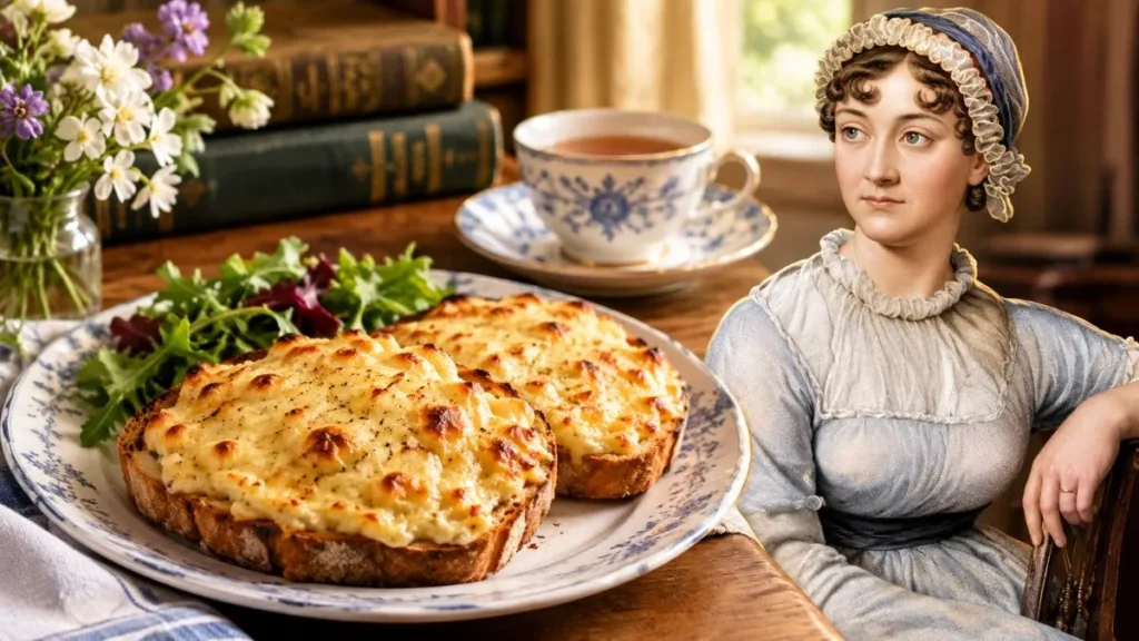 Jane Austen toasted cheese on rustic bread with tea