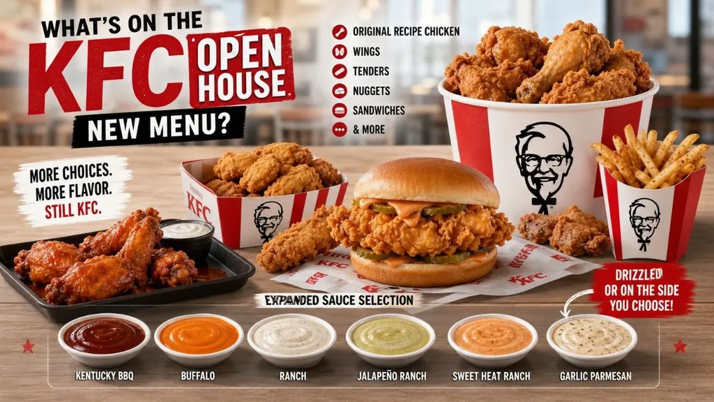 KFC Open House menu featuring chicken, wings, tenders, sandwiches, fries, and sauces