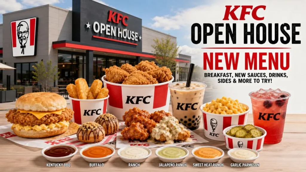 KFC Open House new menu with fried chicken, sauces, drinks, and sides
