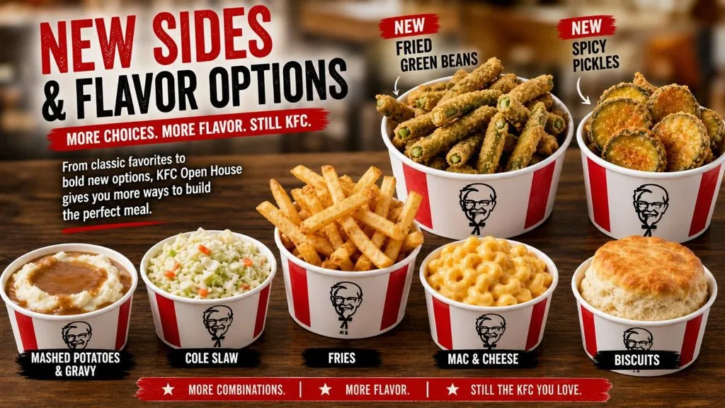 KFC Open House sides with fried green beans, spicy pickles, fries, biscuits, and mashed potatoes