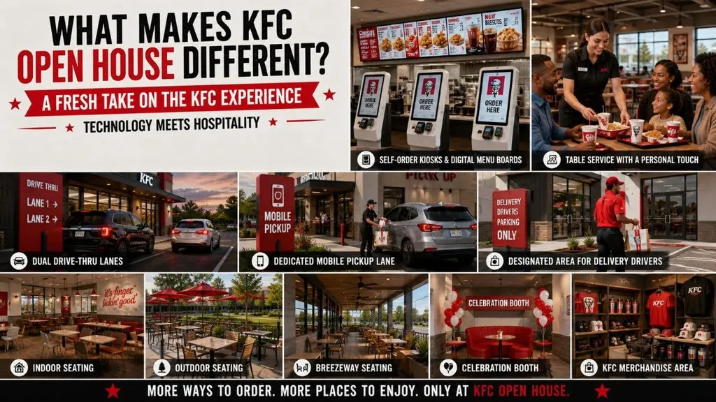 KFC Open House combines self-order kiosks, table service, drive-thru lanes, mobile pickup, and flexible seating.