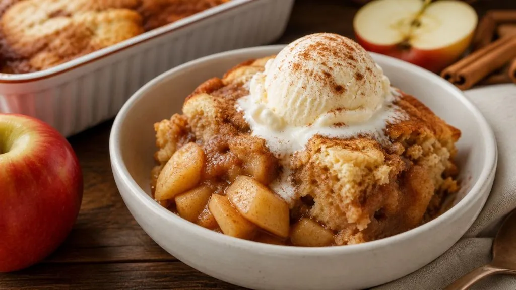 Warm apple cinnamon spoon cake served in a bowl