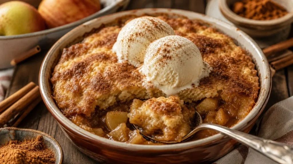 Lazy apple cinnamon spoon cake with vanilla ice cream