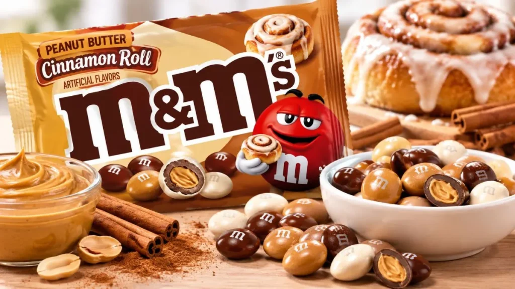 M&M Peanut Butter Cinnamon Roll candies with cinnamon rolls and peanut butter