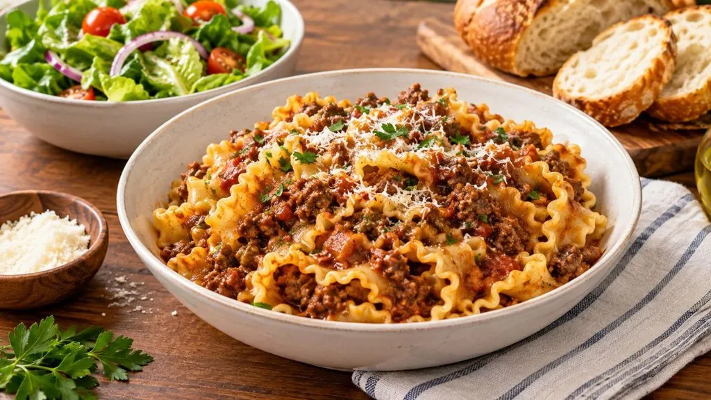 Mafaldine pasta coated in rich homemade Bolognese sauce