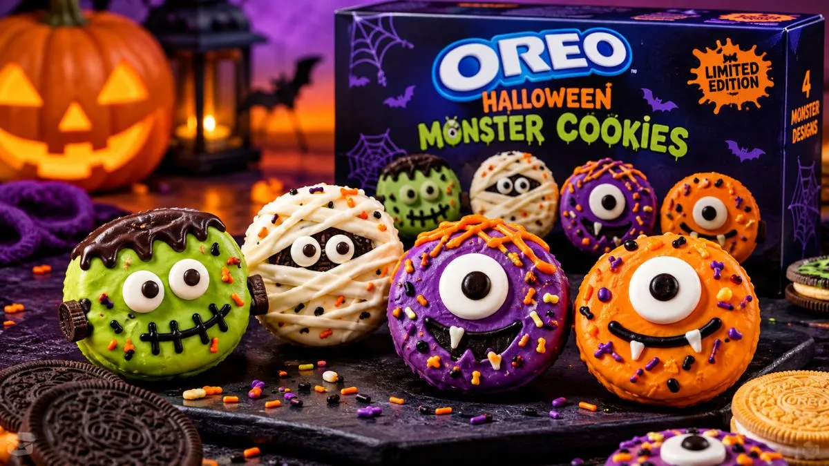 Four colorful Oreo Halloween Monster Cookie designs