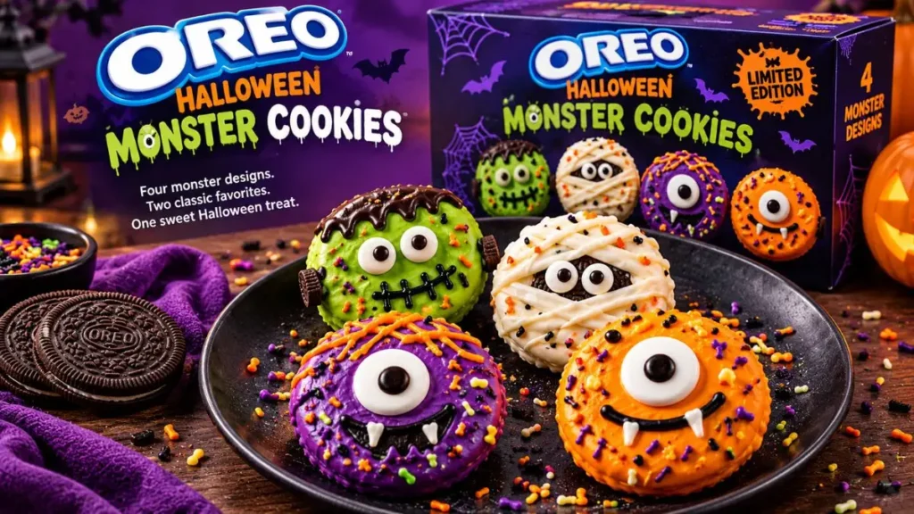 Oreo Halloween Monster Cookies with colorful monster designs