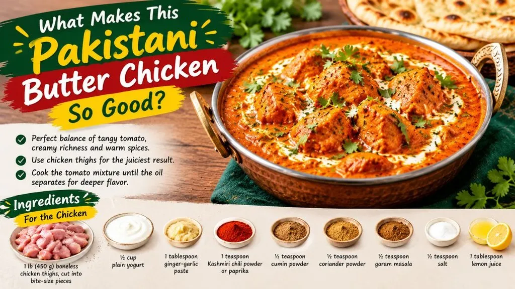 Pakistani butter chicken ingredients including chicken, yogurt, spices, and lemon