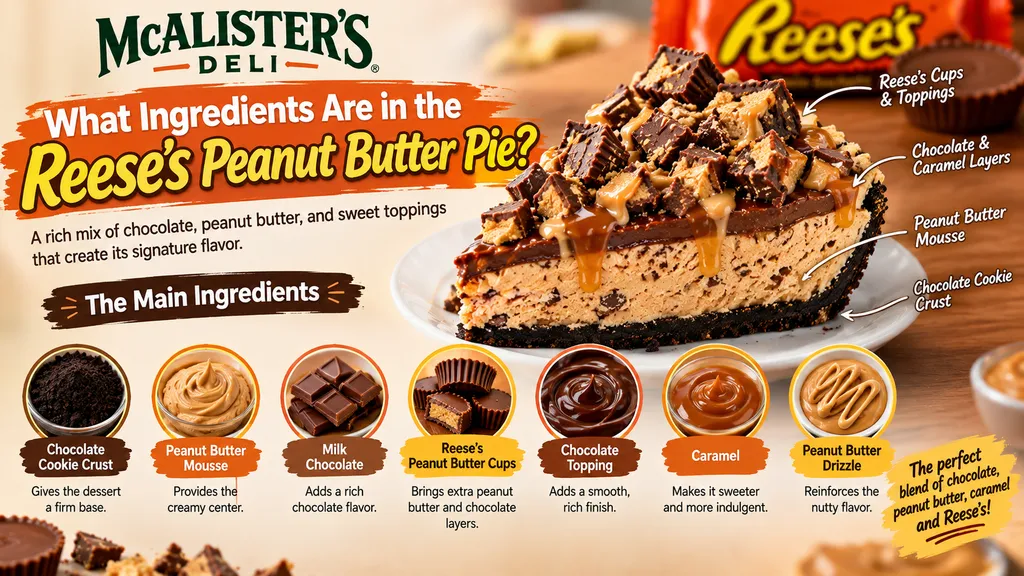The pie features a chocolate cookie crust, peanut butter mousse, milk chocolate, Reese’s cups, caramel, and peanut butter drizzle.