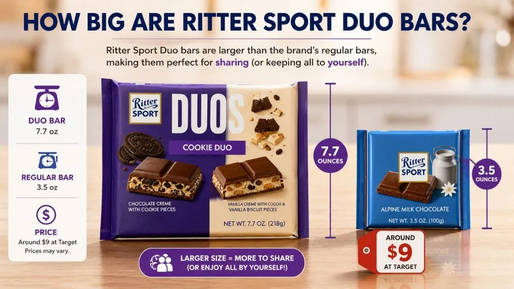 Ritter Sport Duo 7.7 ounce bar compared with regular chocolate bar