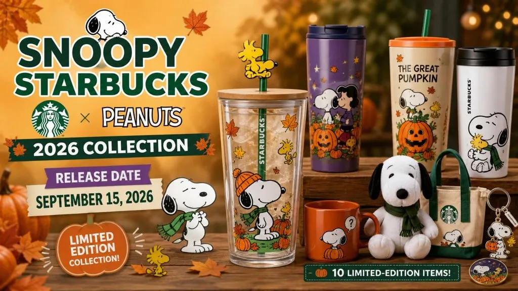 Snoopy Starbucks 2026 collection with fall-themed cups and merchandise.