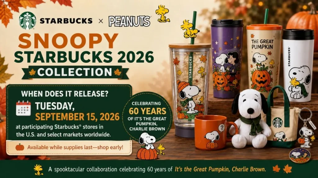 Snoopy Starbucks 2026 collection with fall-themed cups and merchandise.