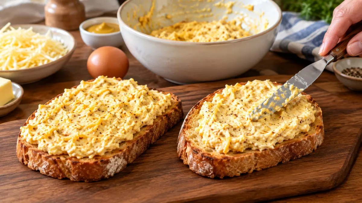 Cheese mixture spread over slices of toasted bread