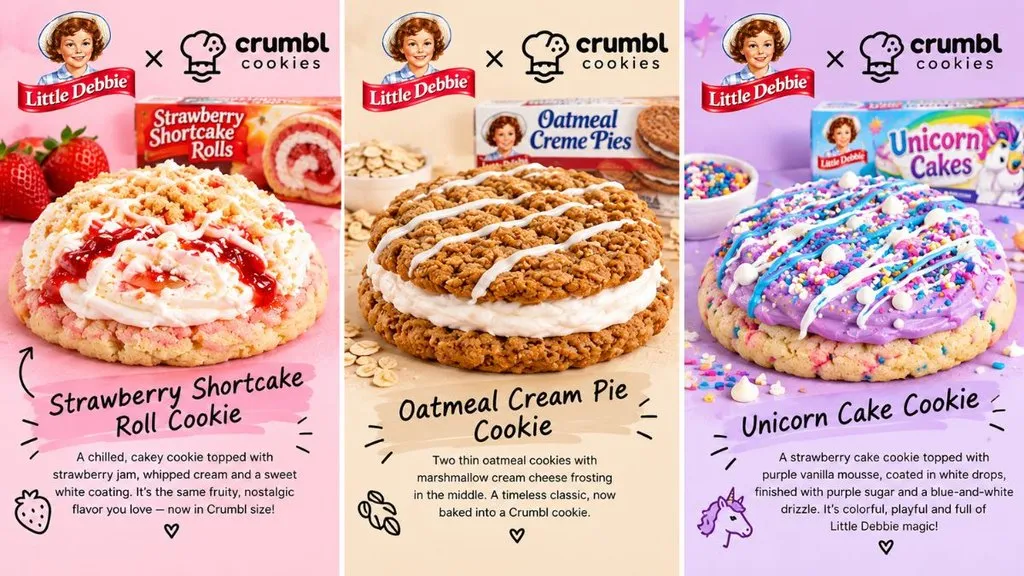 Strawberry Shortcake, Oatmeal Cream Pie, and Unicorn Cake Crumbl cookies