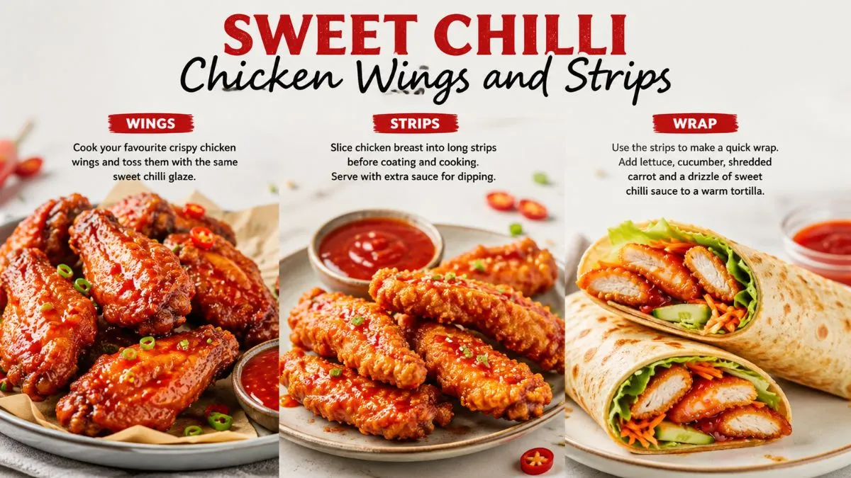 Sweet chilli chicken wings and crispy strips with dipping sauce