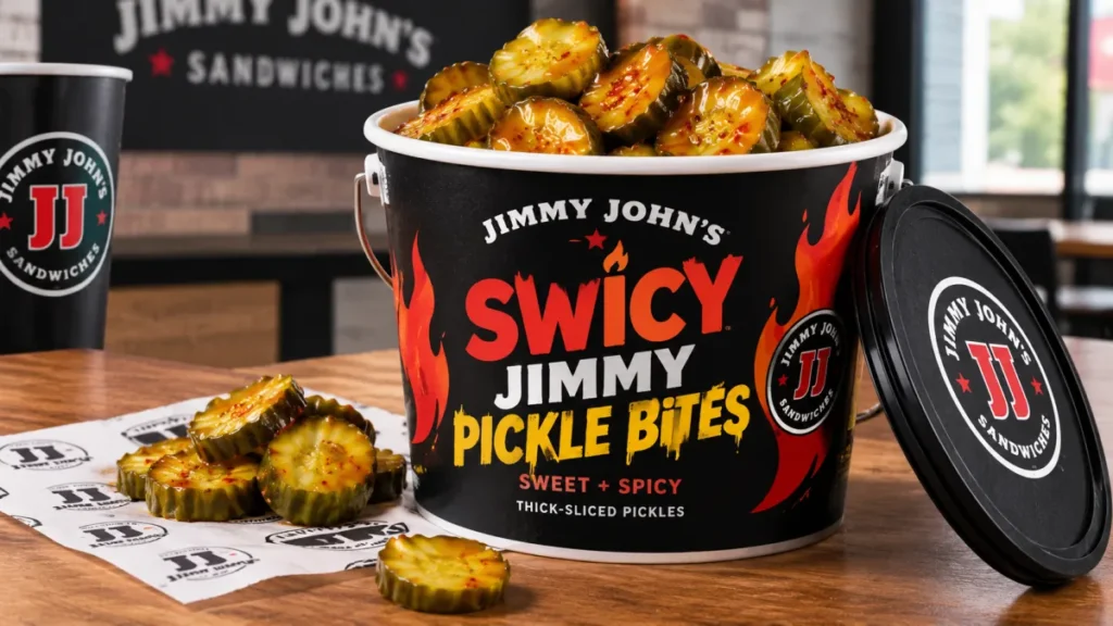 Thick-sliced Jimmy John’s pickles featuring a sweet-and-spicy swicy flavor.