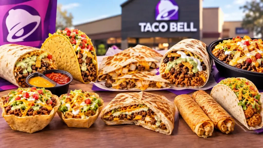 Taco Bell menu test items including tacos, burritos, quesadillas and bowls.