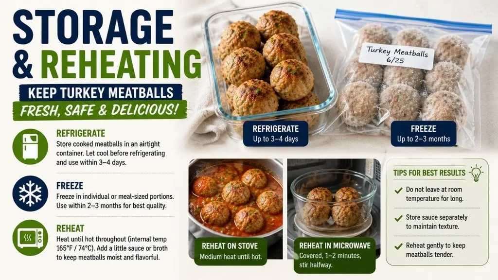 Turkey meatballs stored and prepared for reheating