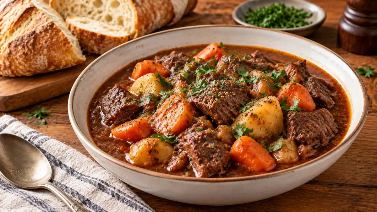 Hearty beef stew with tender beef and vegetables in rich sauce
