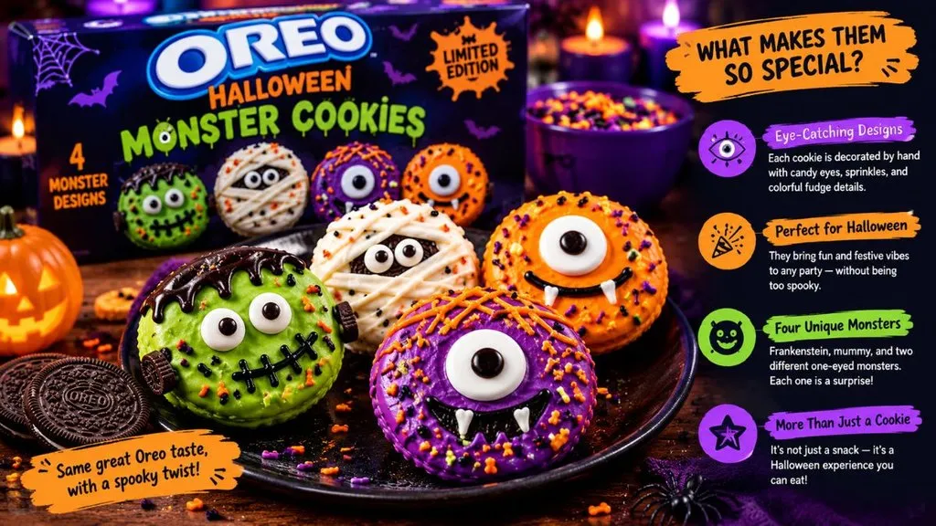 Colorful Oreo Monster Cookies with candy eyes and sprinkles