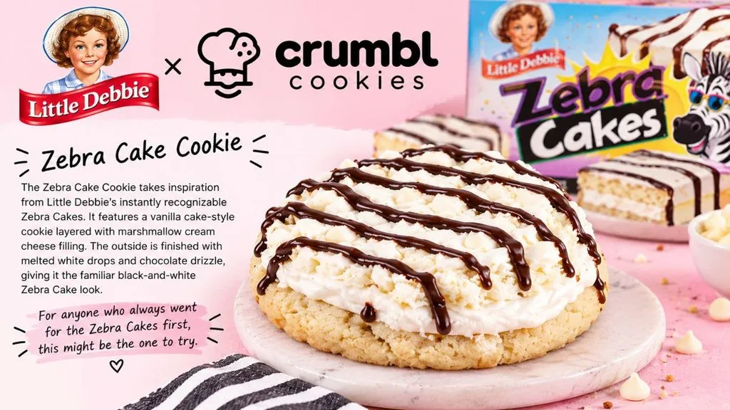 Zebra Cake-inspired Crumbl cookie with white frosting and chocolate drizzle