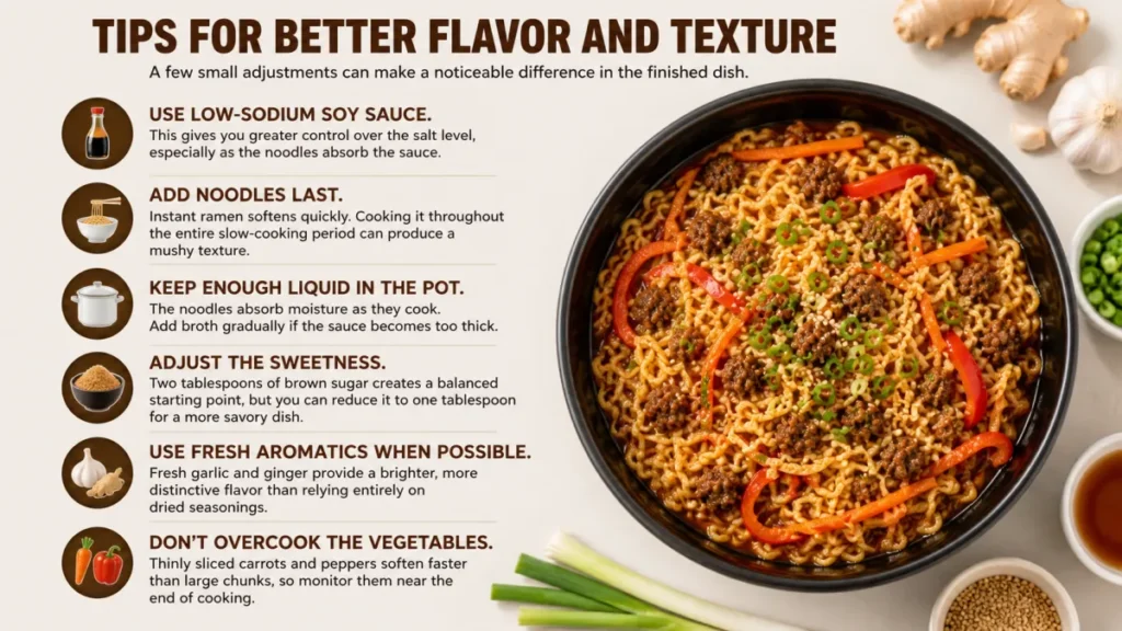 Learn how to improve slow cooker beef ramen with low-sodium soy sauce, perfectly cooked noodles, fresh garlic, ginger, and crisp vegetables.