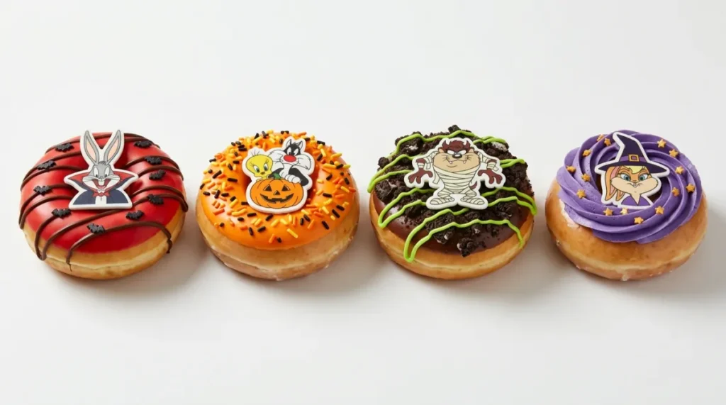 Chocolate-filled Halloween doughnut with red icing and bat sprinkles