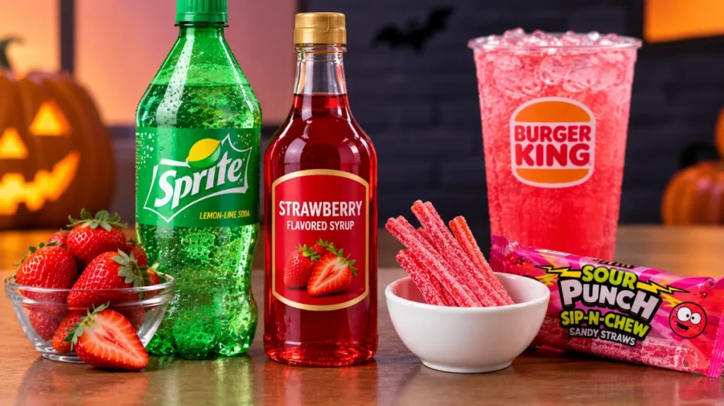 Sprite, strawberry-flavored syrup, and Sour Punch candy straws are the main ingredients for recreating this fruity Halloween drink at home.