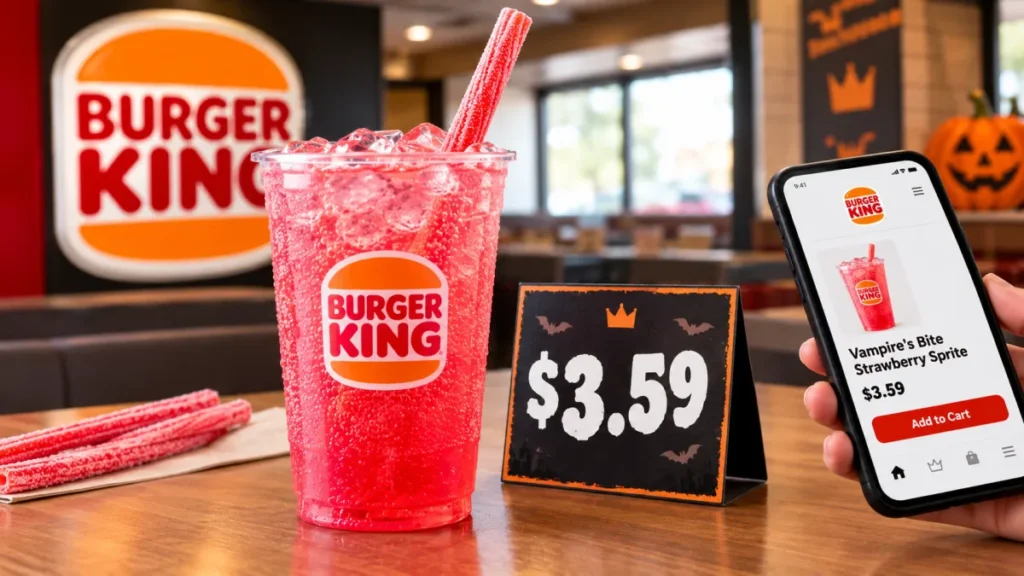 The reported starting price for Burger King’s Vampire’s Bite Strawberry Sprite is around $3.59, although prices vary by location and ordering method.