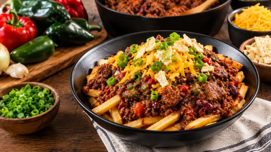 Chili Fries with Cornbread and Toppings