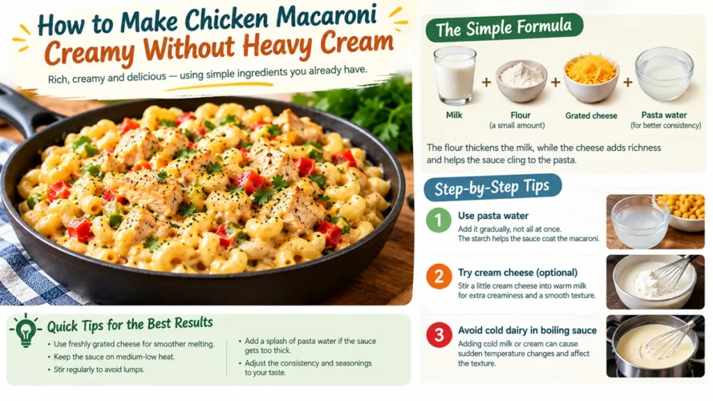Make a smooth, creamy chicken macaroni sauce with milk, flour, grated cheese, and reserved pasta water—no heavy cream required.